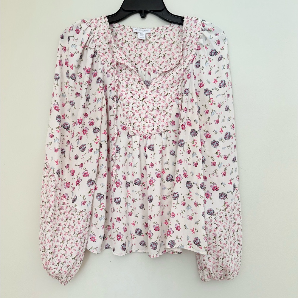 Carolina Belle Floral Print Women's Top Sz M Patchwork Ruffle Blouse Long Sleeve